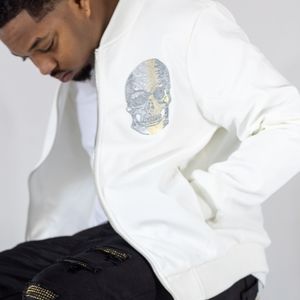 Men's White Bomber Jacket Skull Detail